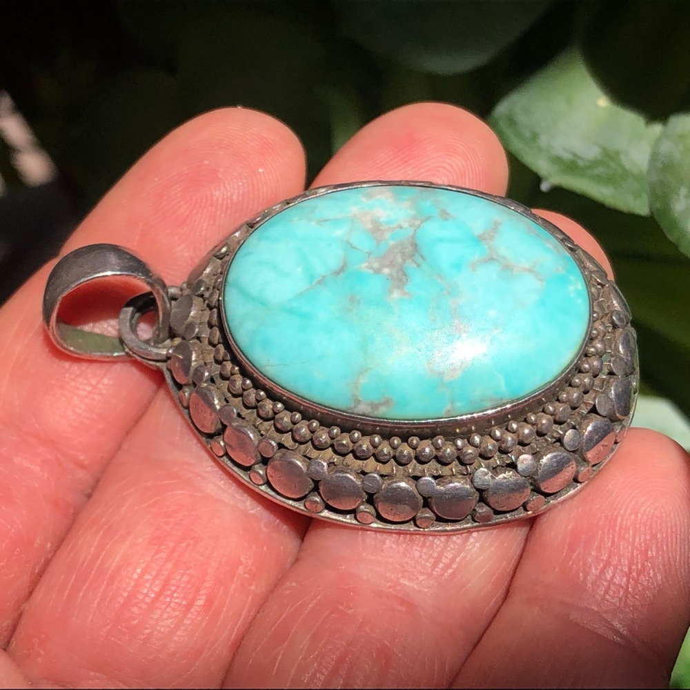 Large Heavy Boho Sterling Turquoise Ornate Pendant